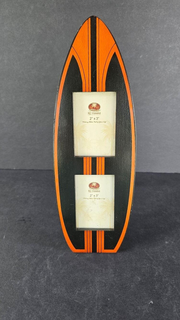KC Hawaii Surfboard Double Picture Frame 2x3 Black Orange Wood Tabletop Decor
